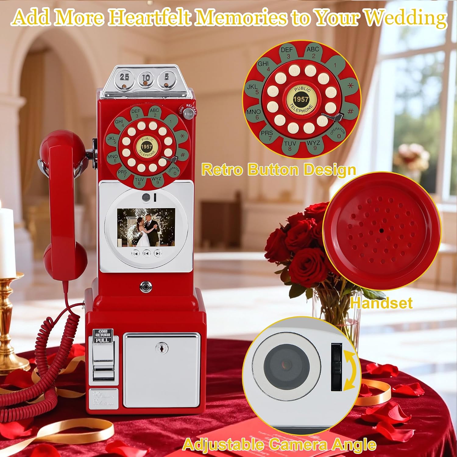 Video Audio Guest Book Wedding Phone, 1080P HD Video Guestbook Phone, Retro-Style Video Guest Book with Long Battery Life for Wedding, Birthday Party, Graduations, Baby Shower (Burgundy Red)