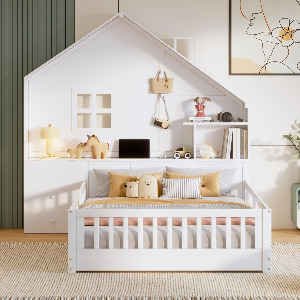 Full Floor House Bed for Kids, Wood Montessori Floor Bed with Rails, Window and Bedside Drawers, Kids Full Platform Bed with Shelves and a Set of Sockets and USB Port (Full,White)