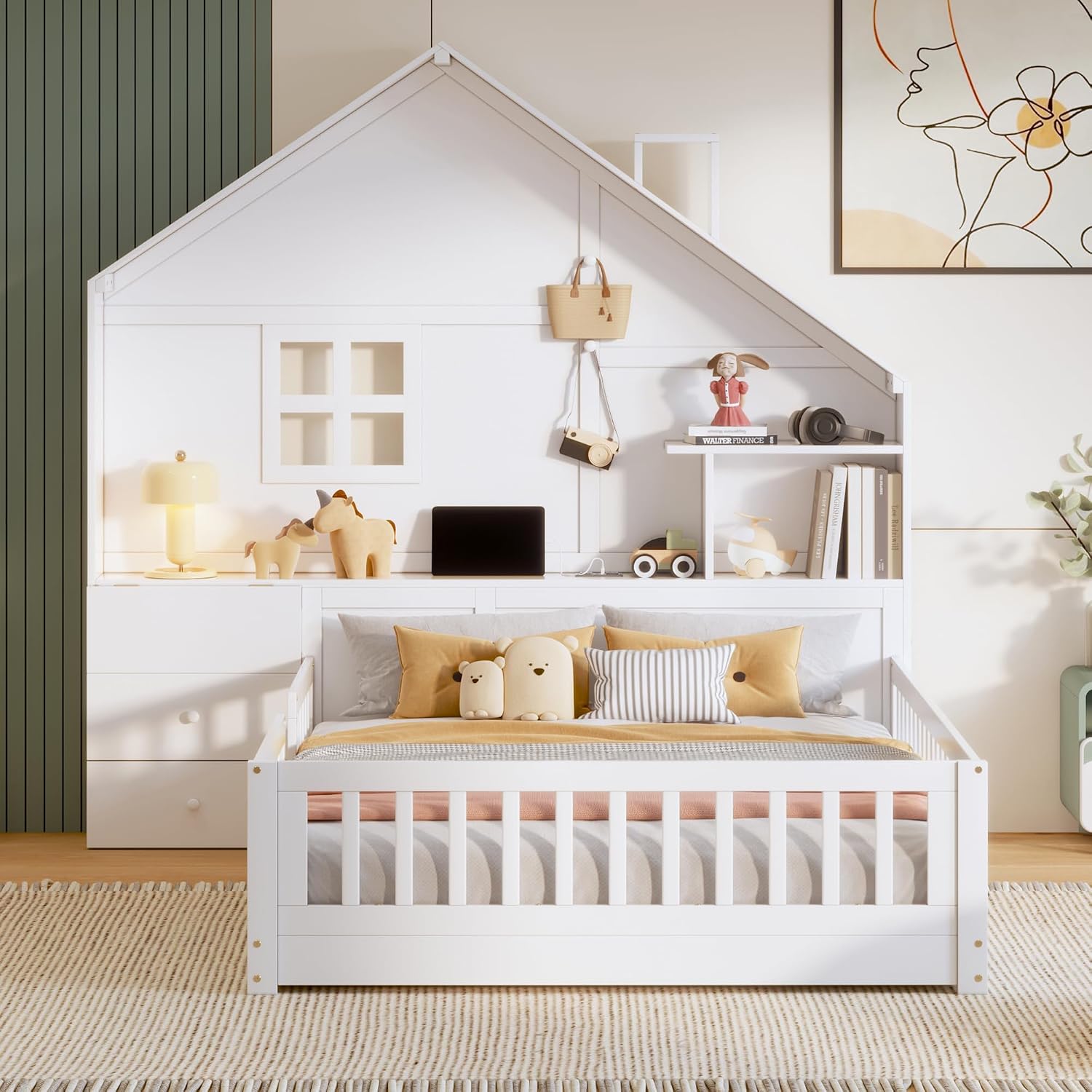 Full Floor House Bed for Kids, Wood Montessori Floor Bed with Rails, Window and Bedside Drawers, Kids Full Platform Bed with Shelves and a Set of Sockets and USB Port (Full,White)