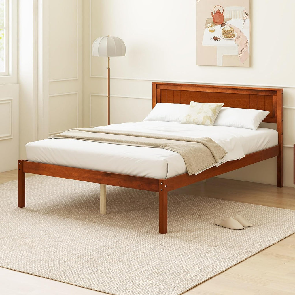 Giantex Full Size Wood Platform Bed with Headboard, Mid Century Solid Wood Full Bed with Slat Support, Double Bed Frame with 16' Under Bed Storage, No Box Spring Needed, Easy Assembly, Walnut