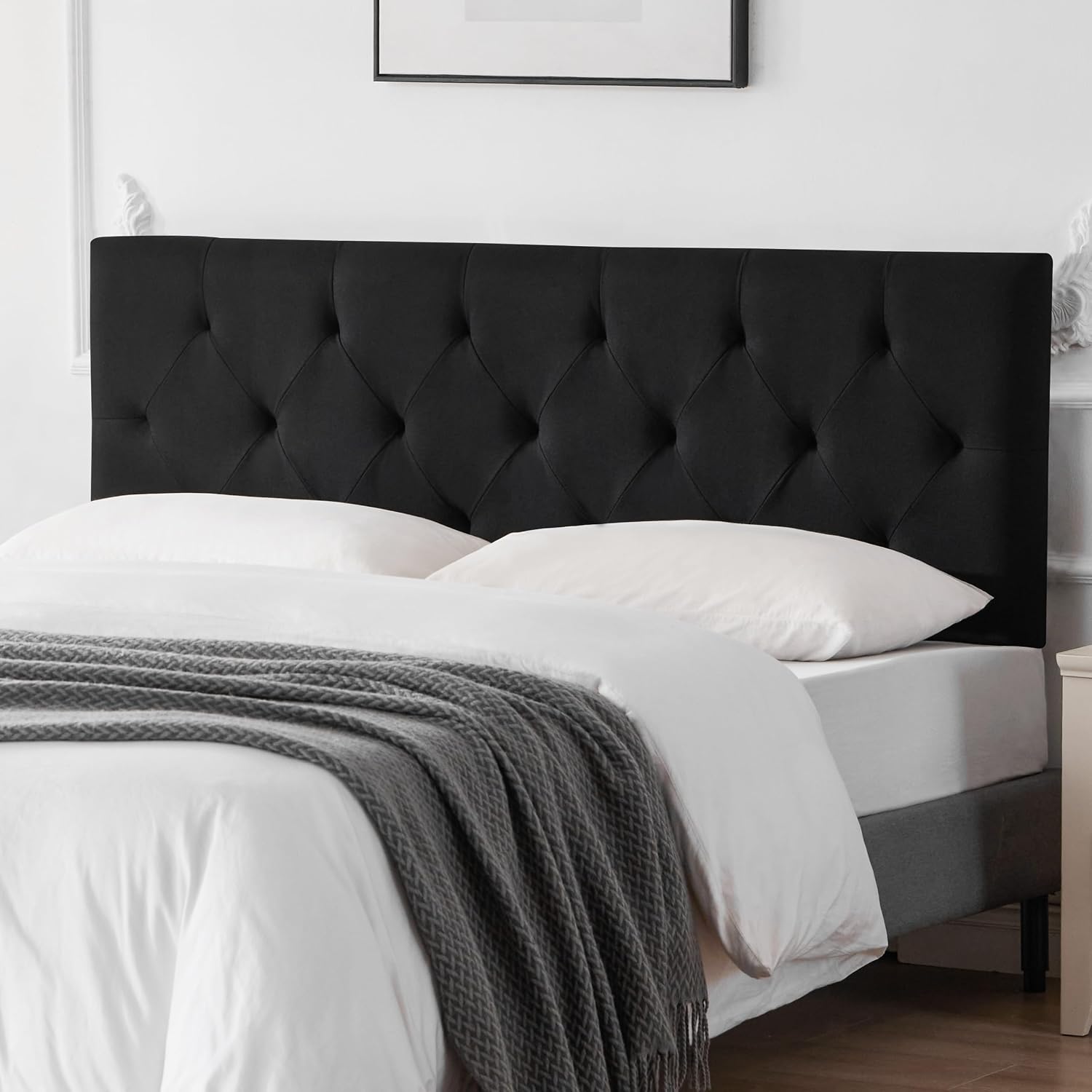 Howjoe Linen Upholstered Headboard King Size, Modern Diamond Tufting Solid Wood California King Headboard Only, Adjustable Height from 37' to 51' Head Board, Bed Frame or Wall Mount Headboards, Black