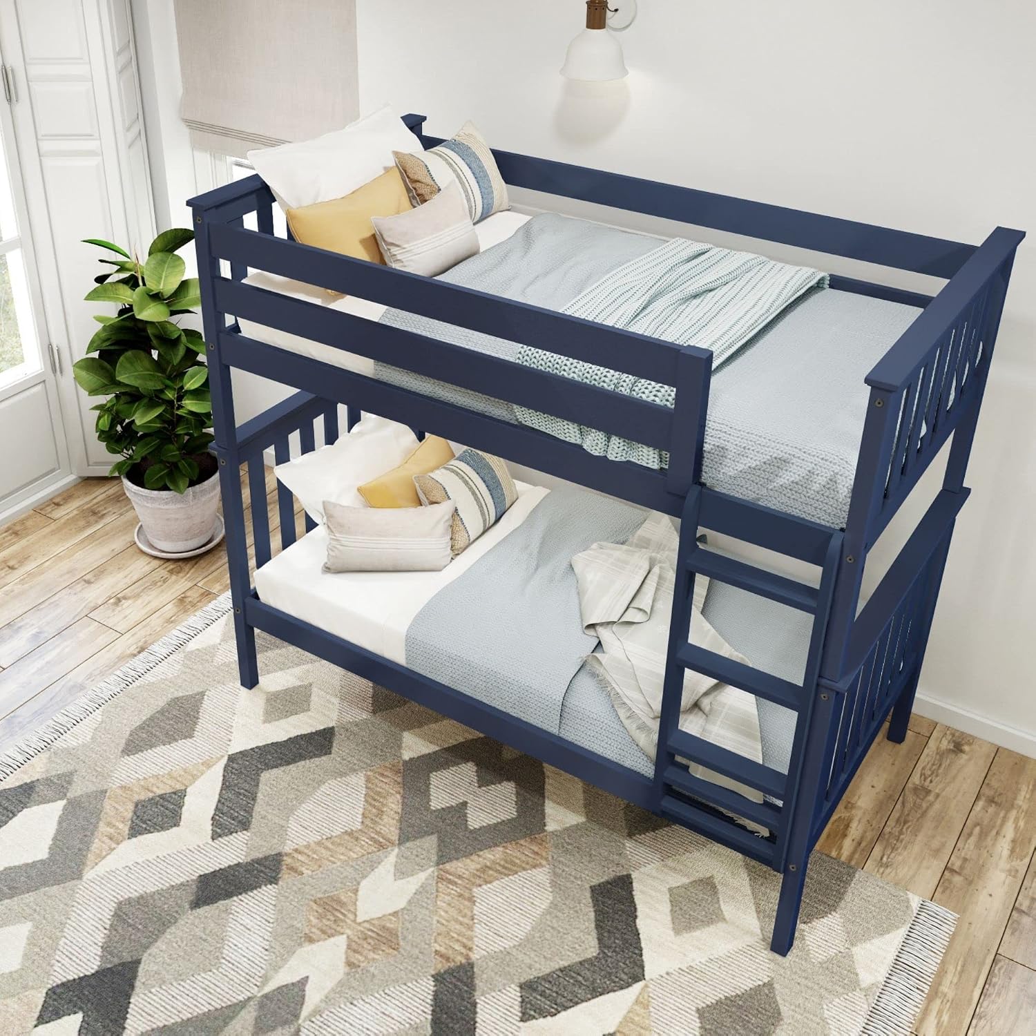 Plank+Beam Wooden Bunk Bed, Classic Twin Over Twin Platform Bed Frame with Ladder and Wood Slats for Adult, Space Saving Bed, Easy to Assemble, No Box Spring Needed, Blue