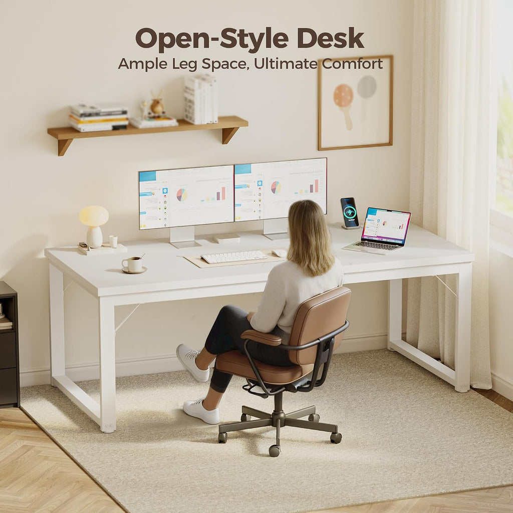 Mericonia 54 Inch Computer Desk with Power Outlets, 1.2' Thick Heavy Duty Industrial Office Desk, Modern Simple Study Writing Table for Home Office Bedroom Workstation, White