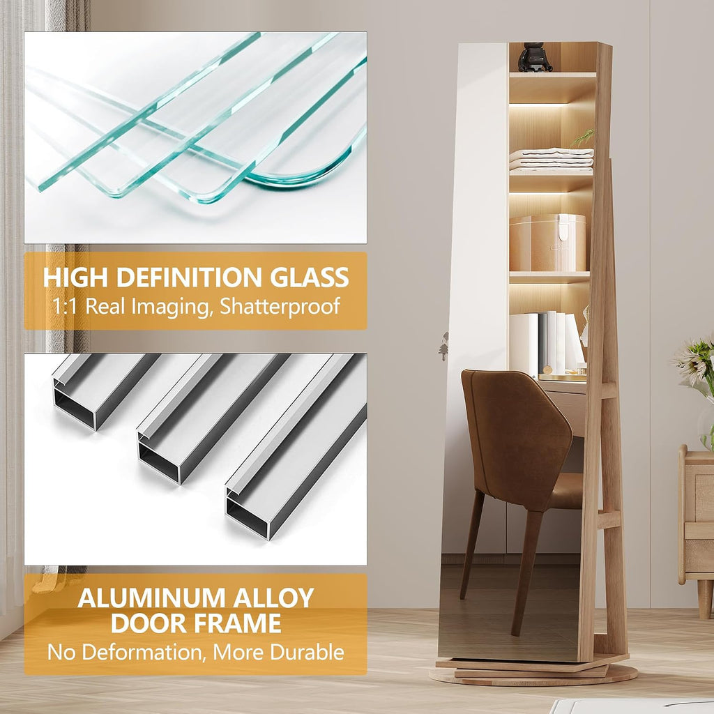 LVSOMT 360° Swivel Jewelry Cabinet with Full Length Mirror, 63' Large Capacity Jewelry Organizer Armoire, Lockable Mirror with Jewelry Storage, Floor Standing Mirror, Rear Storage Shelves