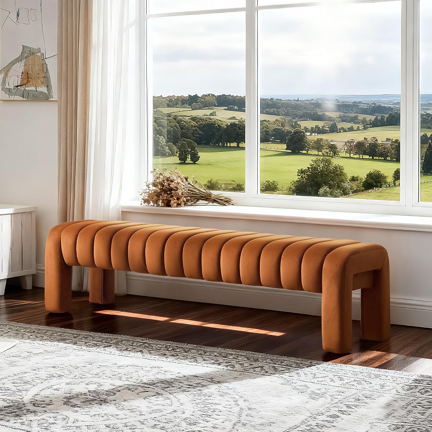 63'' Bedroom Bench, Upholstered End of Bed Bench with Solid Wood Legs, Modern Long Dining Bench with Full Covered Fabrics for Entryway, Bedroom, Living Room (Brown, Velvet)