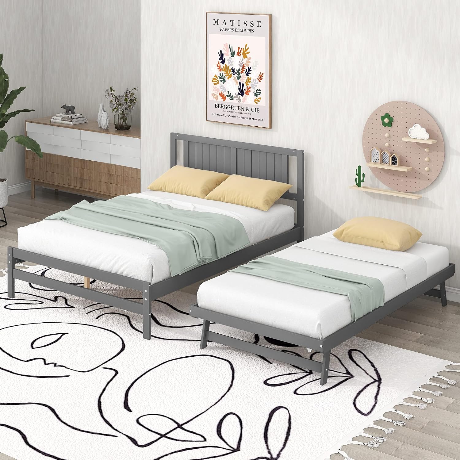 Merax Full Size Wooden Platform Bed with Headboard and Twin Size Adjustable Trundle for Kids, Gray Full Bed with Wood Slats Support for Kidsroom or Bedroom, No Box Spring Needed
