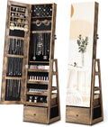 Nicetree 360°Swivel Jewelry Cabinet, Rotatable Full Length Mirror with Jewelry Storage, Standing Jewelry Armoire Organizer, Lockable Jewelry Organizer with 3 Rear Shelves, Bottom Drawer, Rustic Brown