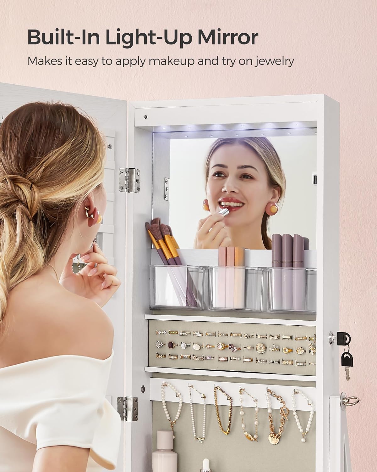 SONGMICS LED Mirror Jewelry Cabinet Standing, Lockable Jewelry Armoire with Full-Length Mirror, Space-Saving Jewelry Organizer with Mirror, Drawer and Shelf, Gift Idea, Cloud White UJJC025W01