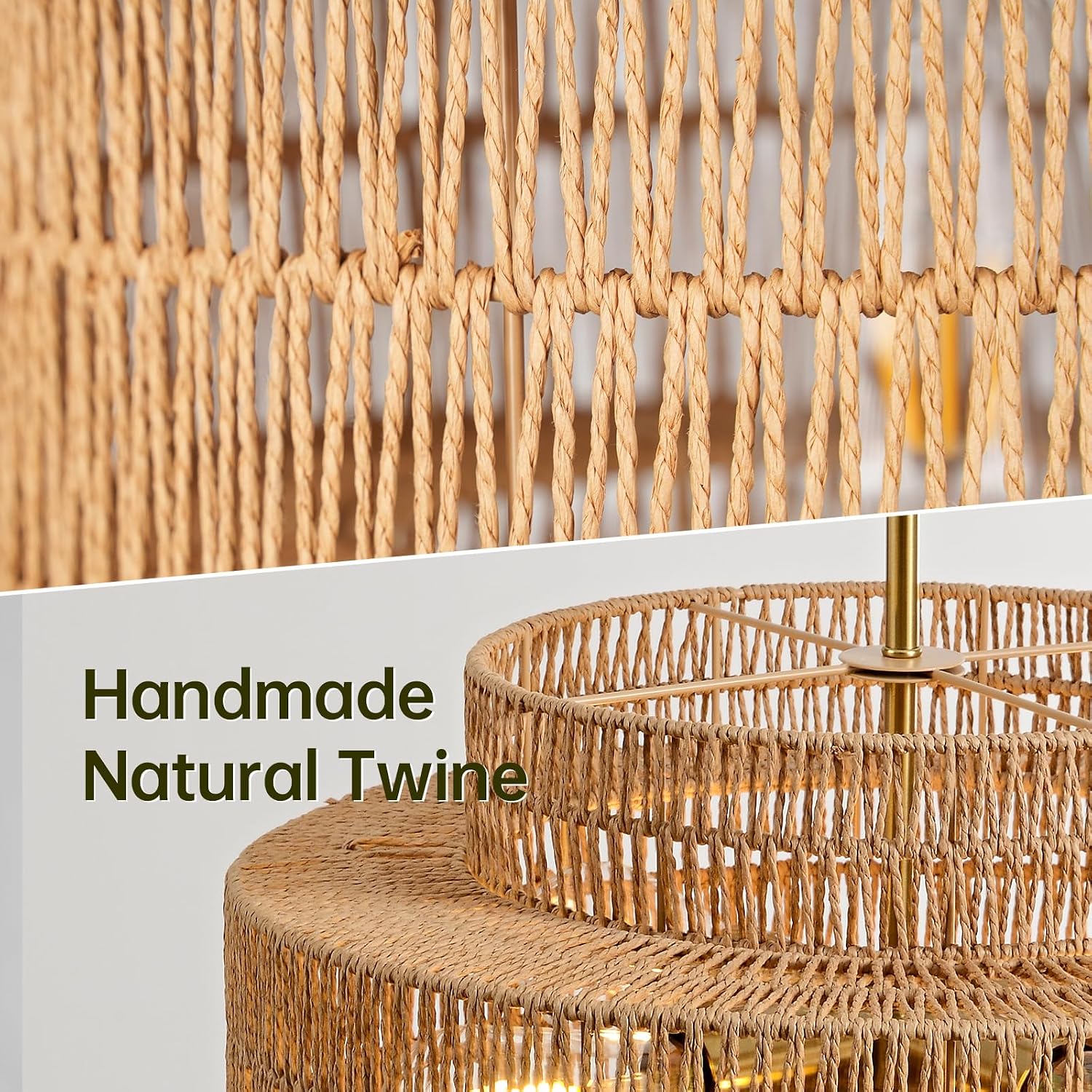 4-Light Boho Rattan Chandelier Light Fixture, 17.7' Hand Woven Rustic Chandeliers Farmhouse Chandelier Hanging Light for Dining Room Kitchen Island, Living Room, Foyer