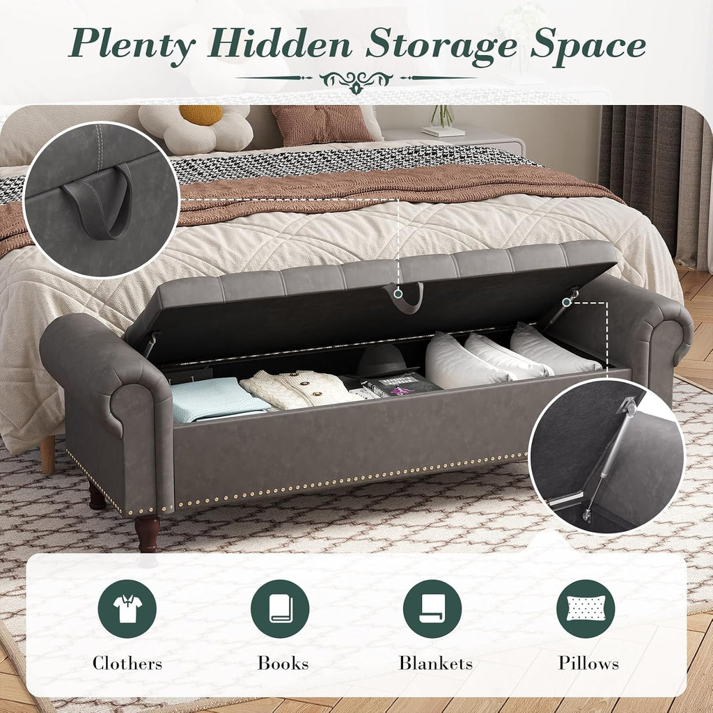 Apicizon 60' Bench with Storage, Upholstered Tufted Button Bedroom Bench with Storage, Faux Leather End of Bed Bench with Rolled Arms, Storage Ottoman Bench for Bedroom, Living Room, Entryway, Gray