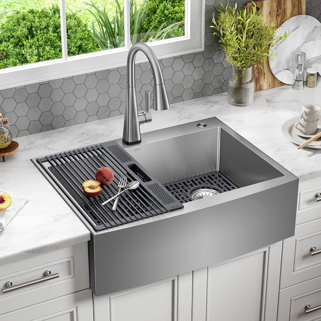 DELTA FAUCET Delta Lenta 30-inch Retrofit Farmhouse Apron Front 16 Gauge Stainless Steel Single Bowl Kitchen Sink for Undermount/Drop-In Installation with Accessories, 95J132-T30S-SS