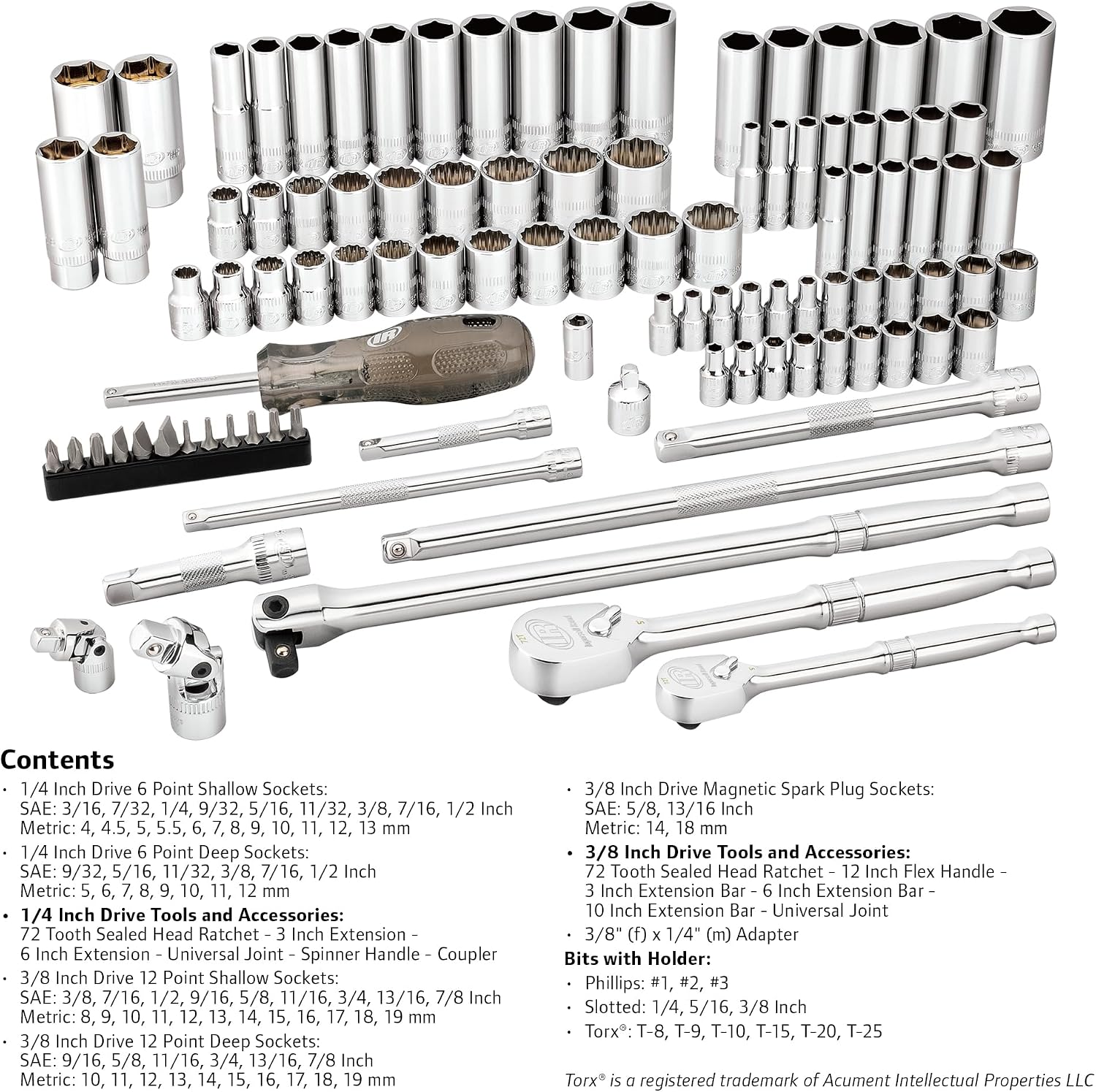Ingersoll Rand 101 Piece SAE/Metric Master Mechanics Tool Set, Includes 1/4' & 3/8' Drive, 76 Sockets, 72-Tooth Seal-Head Ratchets, Tools & Accessories – 752020