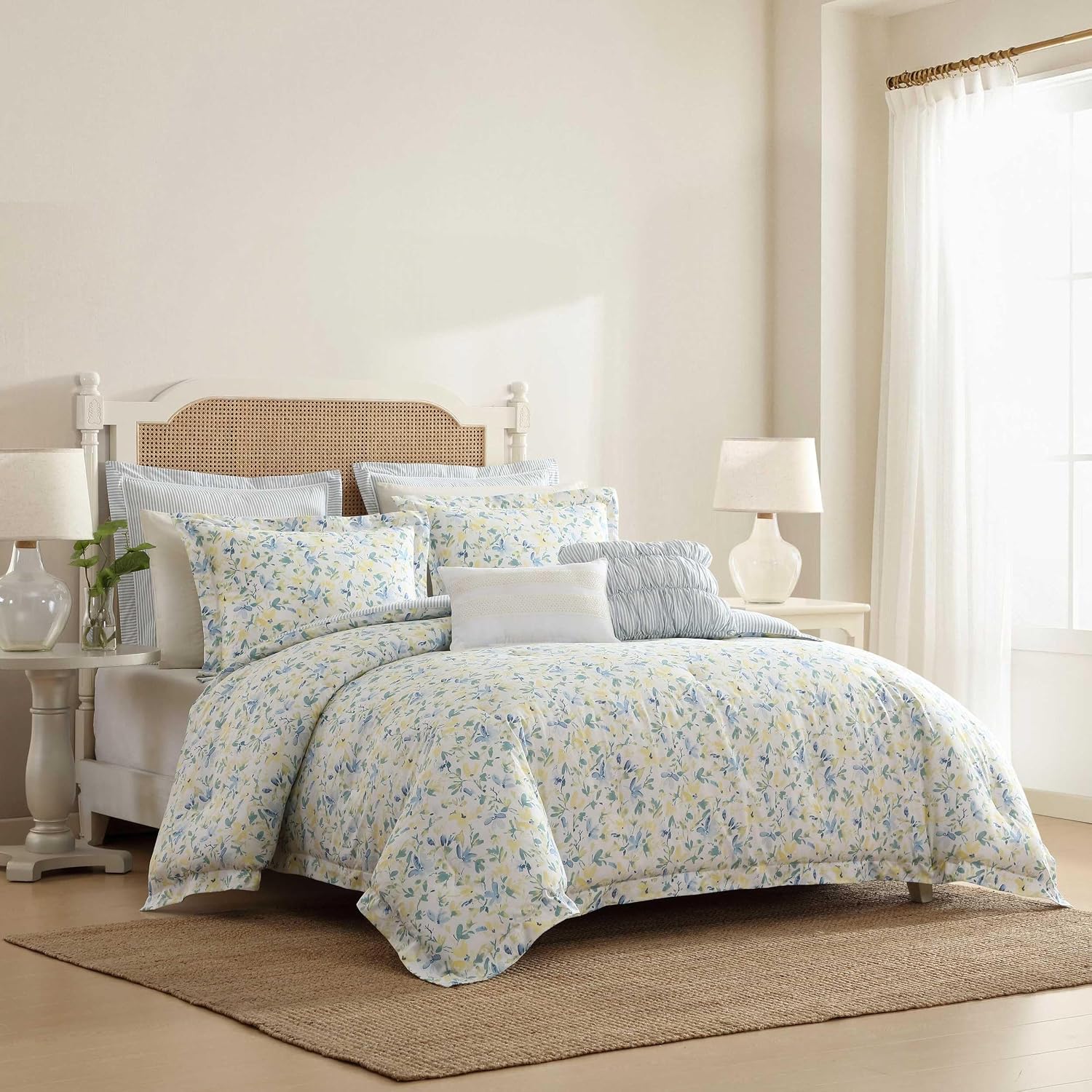 Laura Ashley - Twin Comforter, Soft Reversible Bedding Set, Includes Matching Shams with Bonus Euro Shams & Throw Pillows, Dorm Room Essentials (Nora Blue, Twin)