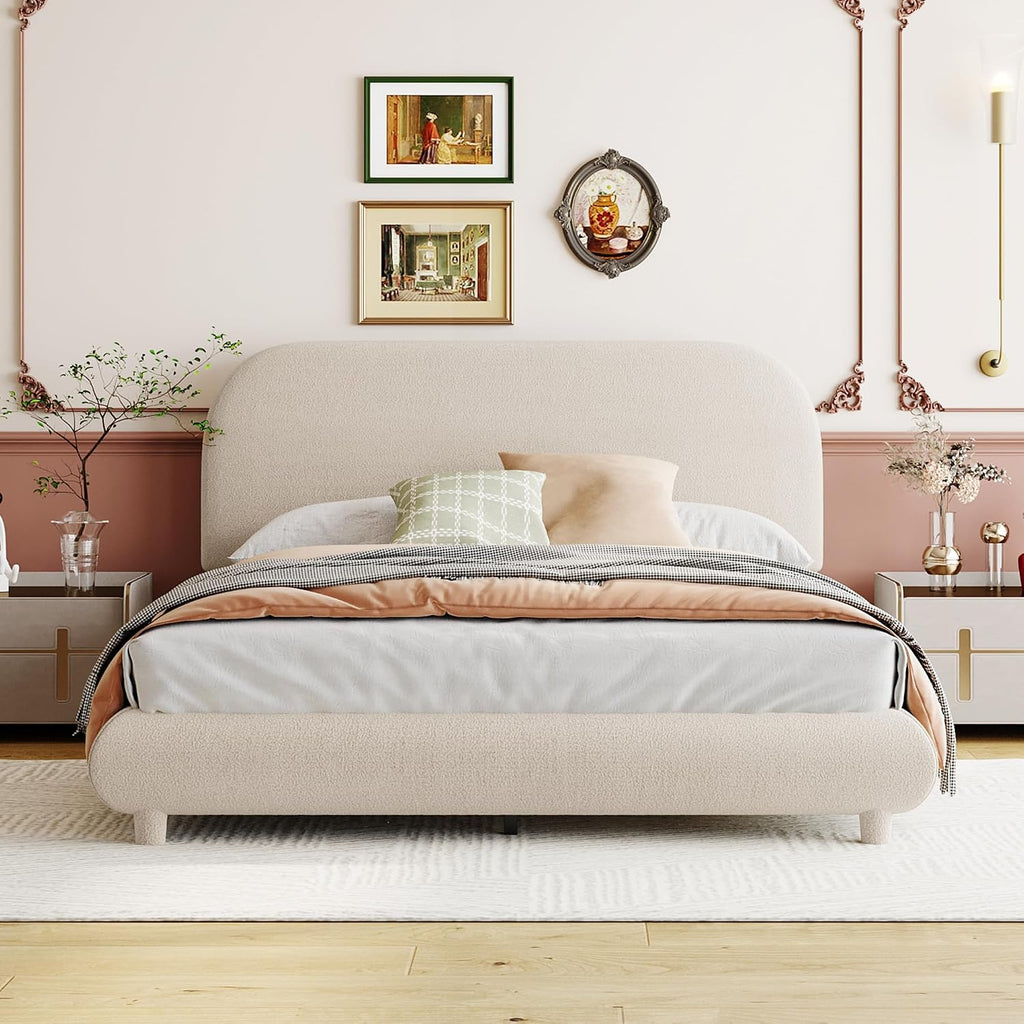 Curve-Shaped Upholstered Platform Bed with Curved Shaped Headboard, Full Size Wood Bed Frame for Kids Adults Bedroom Furniture, Teddy Fleece Thick Fabric Upholstered Bed Grounded Bed (Beige)