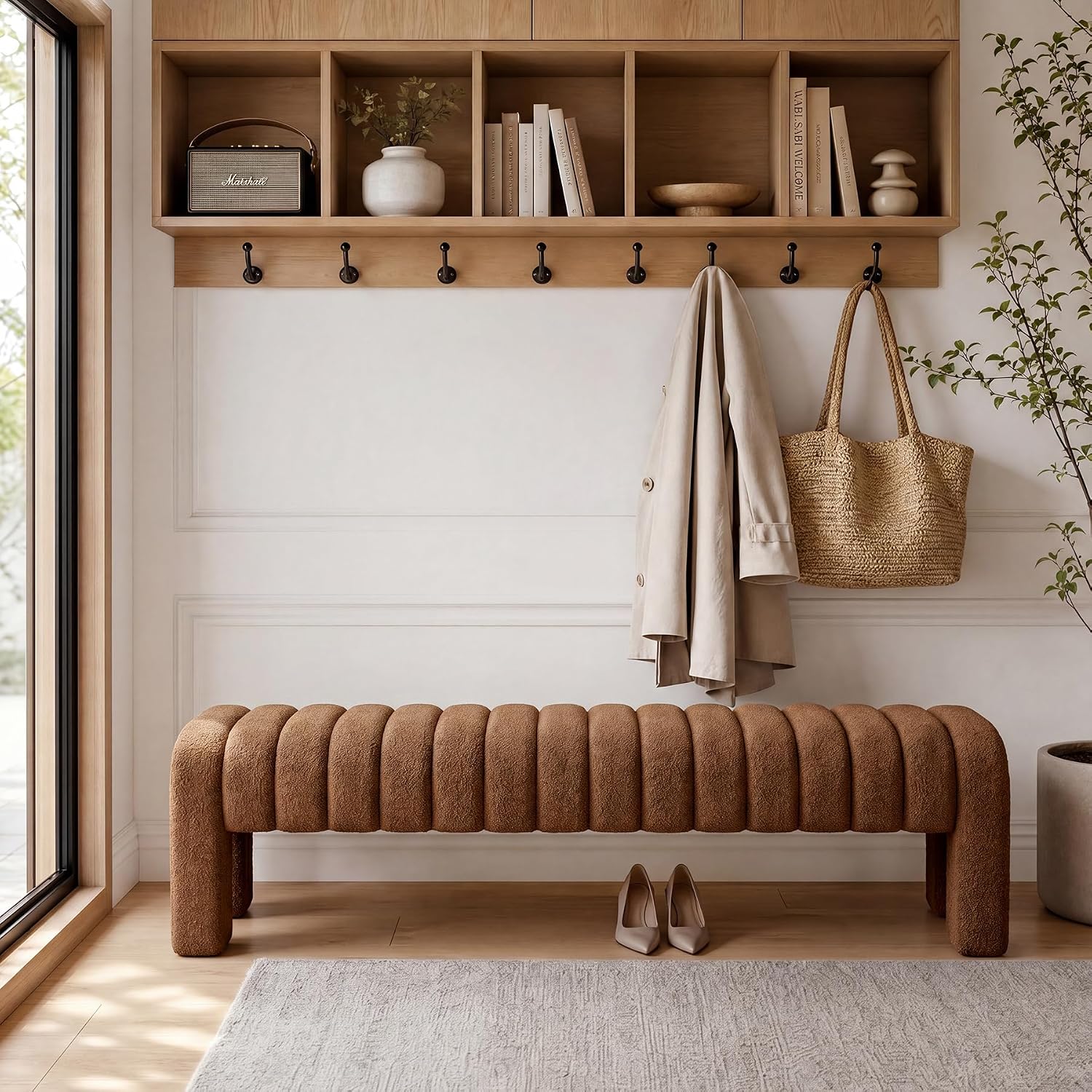 63'' Bedroom Bench, Upholstered End of Bed Bench with Solid Wood Legs, Modern Cushioned Dining Bench with Full Covered Fabrics for Entryway, Bedroom, Living Room (Rust Brown, Boucle)