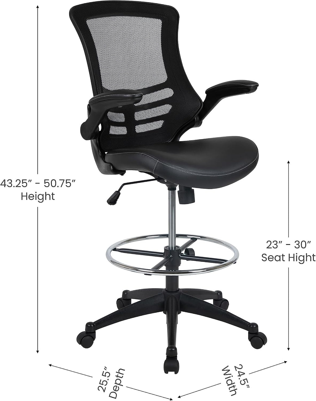 Flash Furniture Kelista Mid-Back Swivel Office Chair with Adjustable LeatherSoft Seat Height, Ergonomic Mesh Chair with Flip-Up Arms, Black