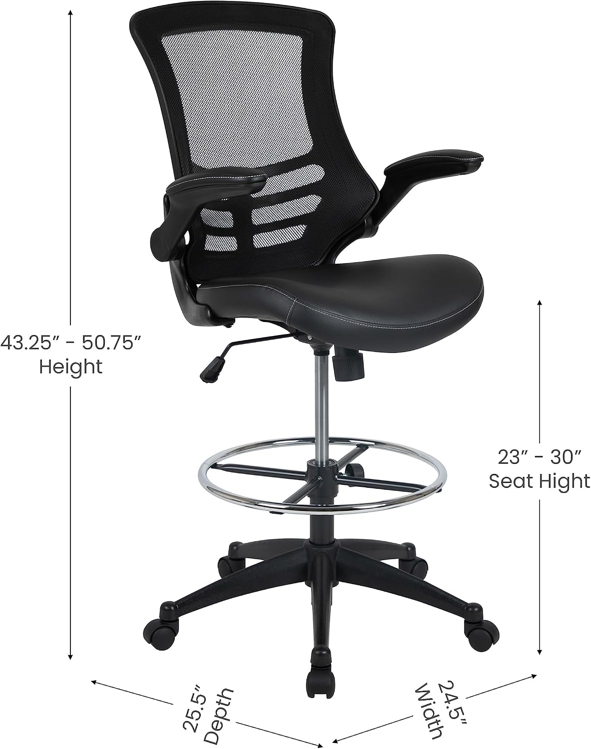 Flash Furniture Kelista Mid-Back Swivel Office Chair with Adjustable LeatherSoft Seat Height, Ergonomic Mesh Chair with Flip-Up Arms, Black
