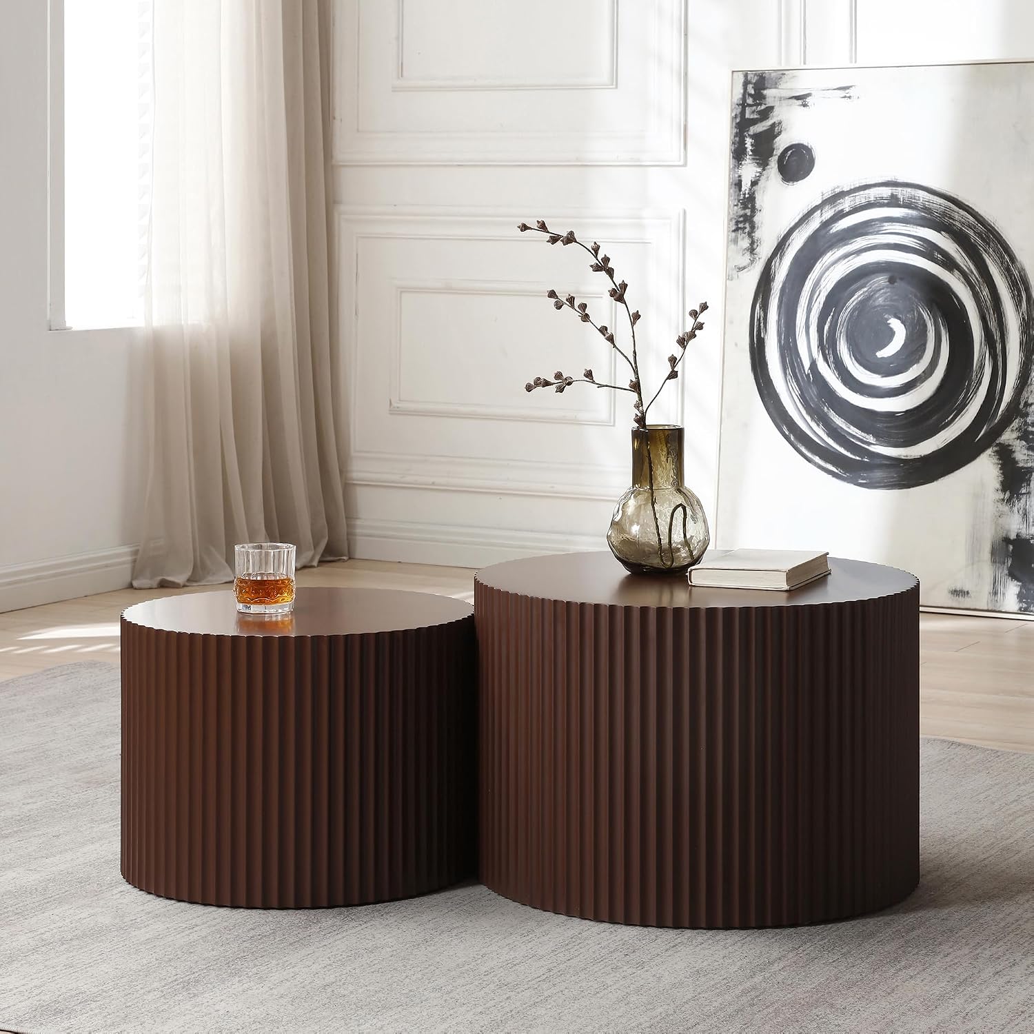 Modern Nesting Coffee Table, Round Wood End Table Set of 2 for Small Space, Living Room - Brown
