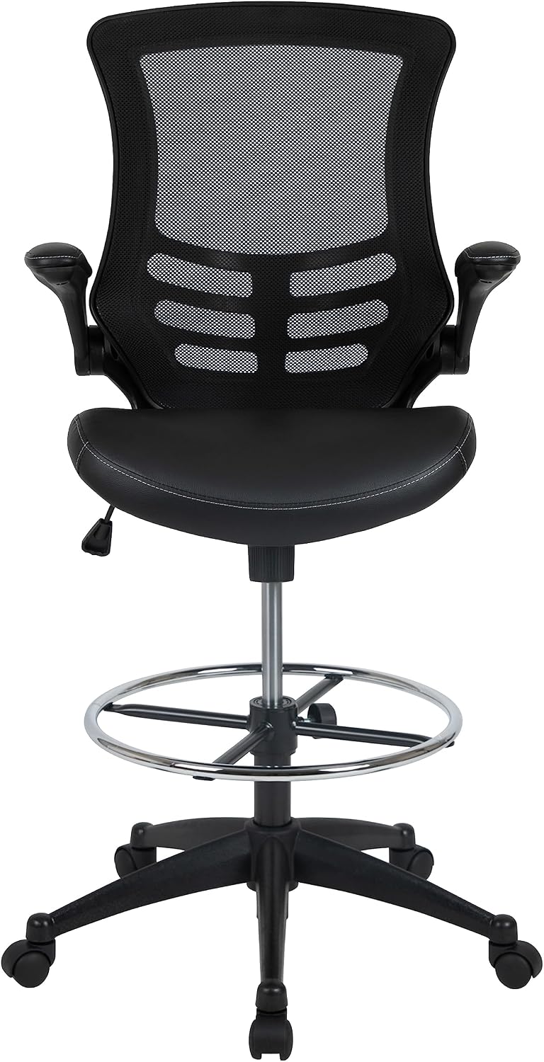 Flash Furniture Kelista Mid-Back Swivel Office Chair with Adjustable LeatherSoft Seat Height, Ergonomic Mesh Chair with Flip-Up Arms, Black