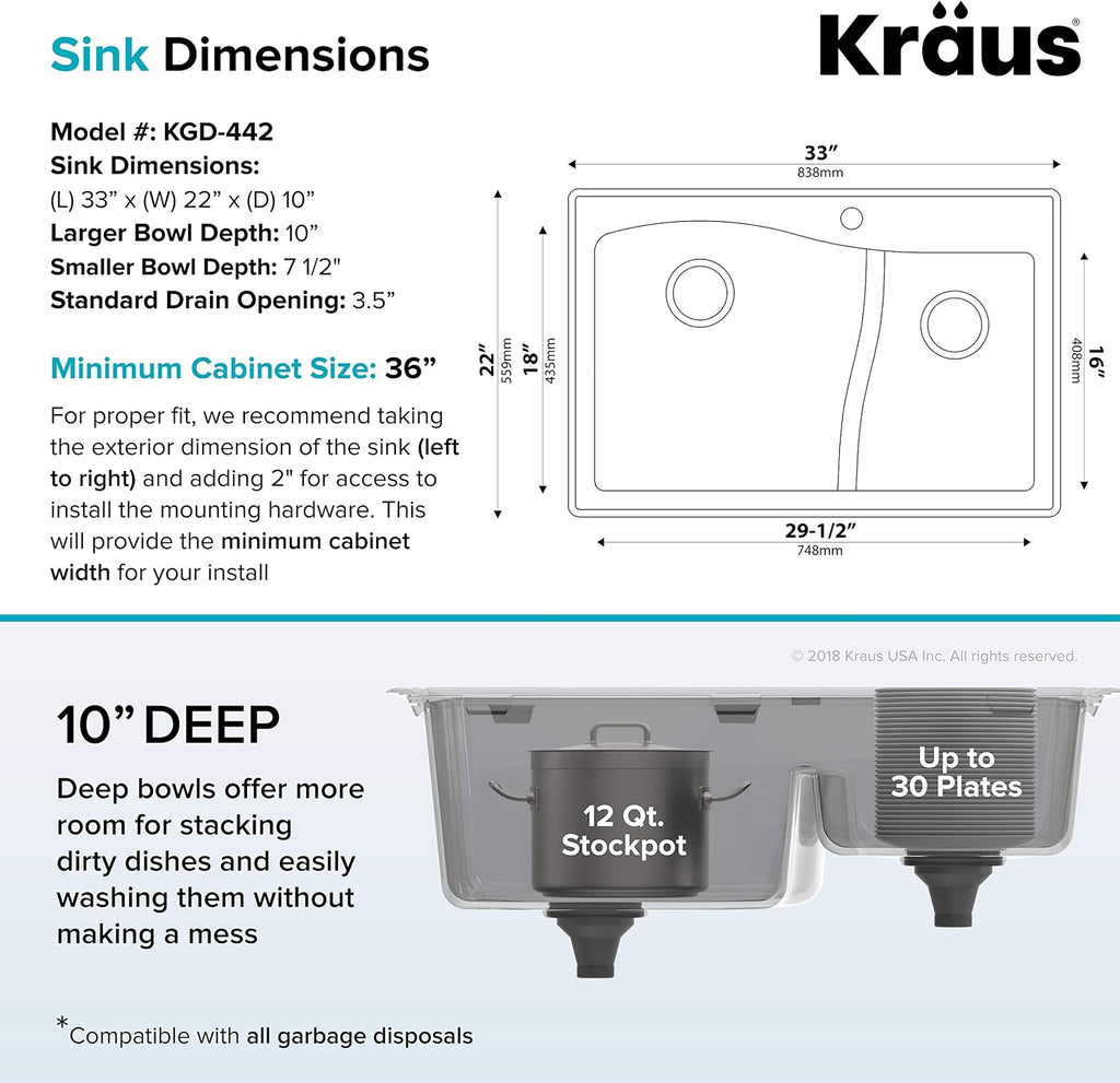 KRAUS KGD-442 Quarza 33-inch 33' Dual Mount 60/40 Double Bowl Granite Kitchen Sink in Black