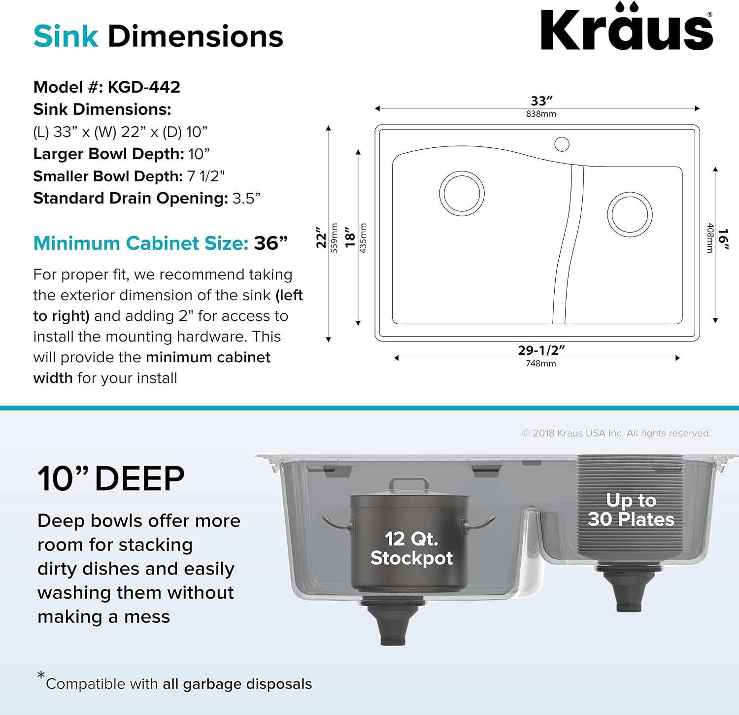 KRAUS KGD-442 Quarza 33-inch 33' Dual Mount 60/40 Double Bowl Granite Kitchen Sink in Black