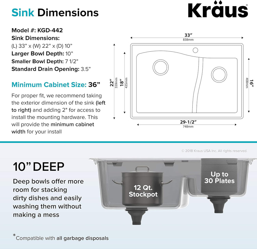 KRAUS KGD-442 Quarza 33-inch 33' Dual Mount 60/40 Double Bowl Granite Kitchen Sink in White
