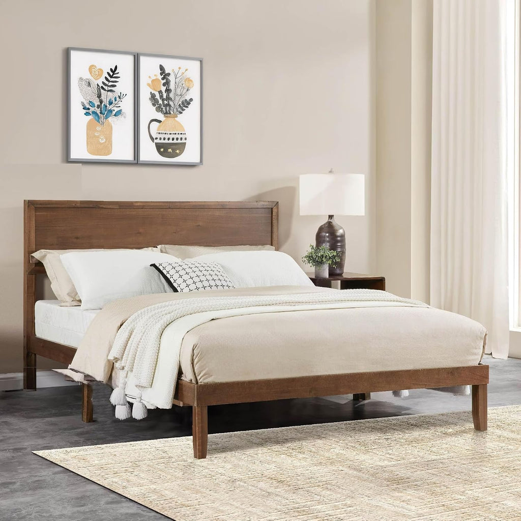 Full Size Solid Wood Platform Bed Frame - Premium Rubber Wood Reinforced Thickened Support, Load-Bearing, Modern Headboard Design, Tool-Free Assembly Bedroom Furniture Set,Brown (Full)