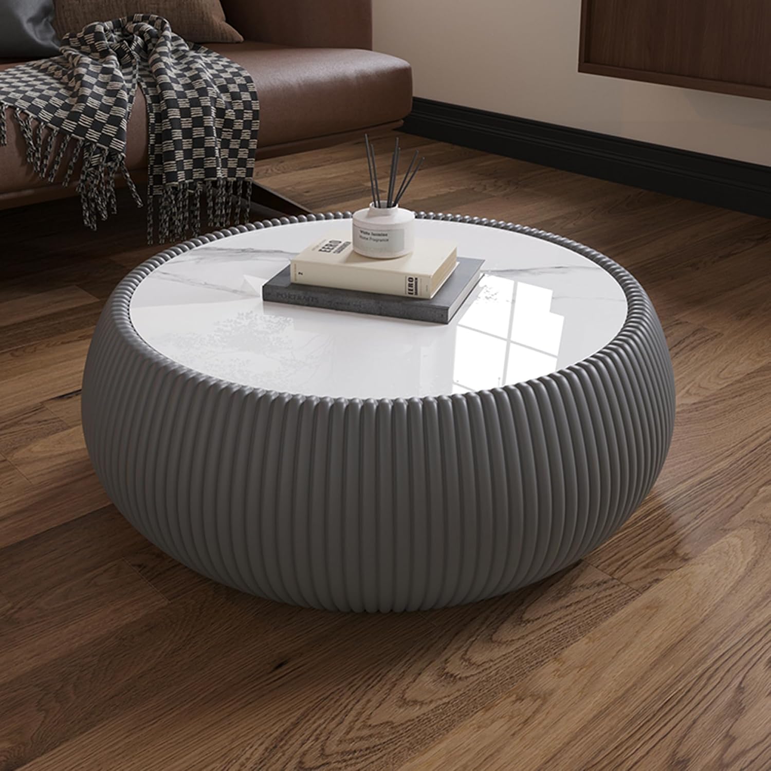 27.55' Grey Round Coffee Table, Drum Coffee Table with Sintered Stone Tabletop and Fluted PU Leather Covered and Stable Base, Circle Cocktail Tea Table for Living Room