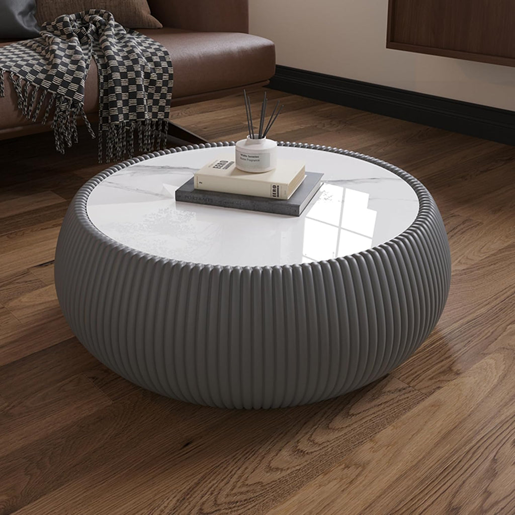 Grey Round Coffee Table, 27.55' Drum Coffee Table with Sintered Stone Tabletop and Fluted PU Leather Covered and Stable Base, Circle Cocktail Tea Table for Living Room