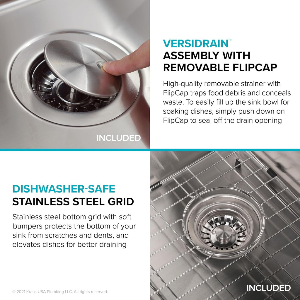 KRAUS Dex 33-inch Undermount 16 Gauge Stainless Steel Double Bowl Kitchen Sink, KA1UD33B