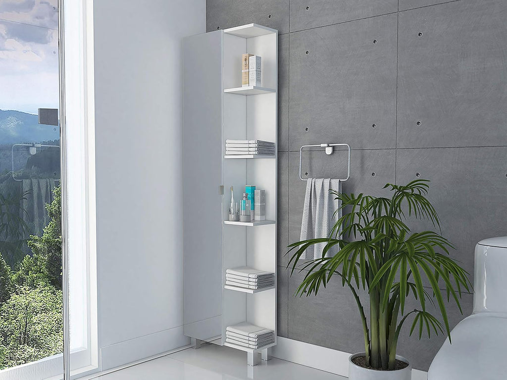 FM FURNITURE Los Angeles Mirror Linen Cabinet with 5 Open Shelves and 4 Inner Shelves, White