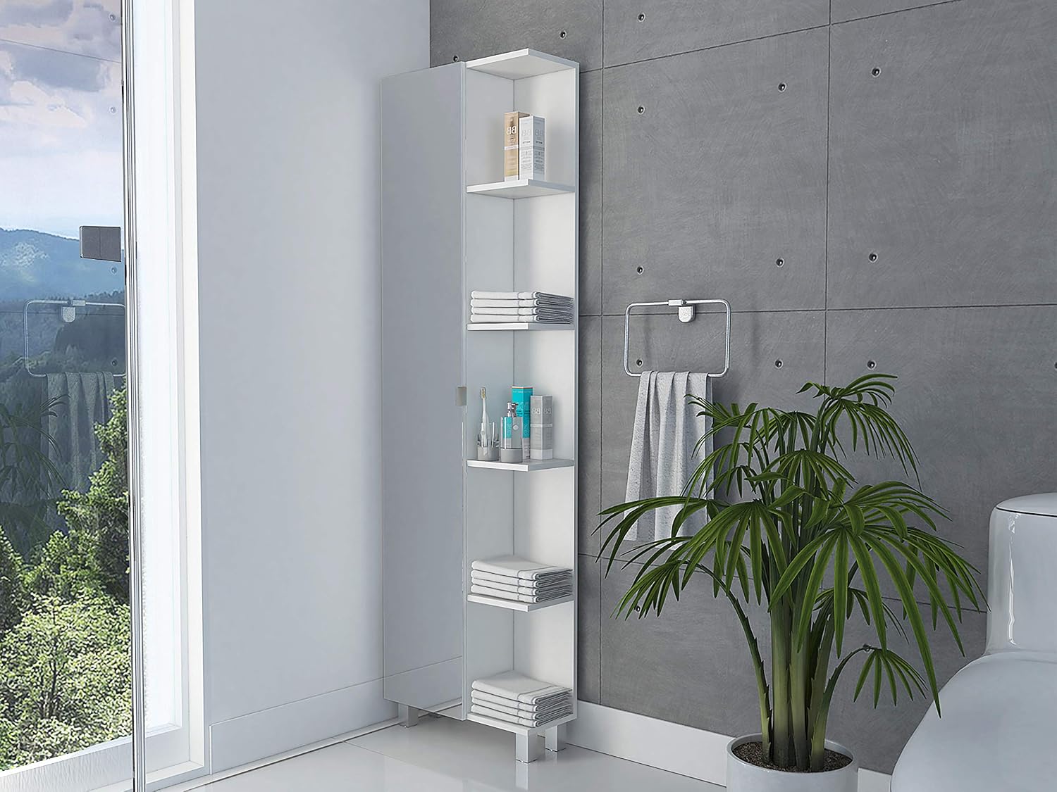 FM FURNITURE Los Angeles Mirror Linen Cabinet with 5 Open Shelves and 4 Inner Shelves, White