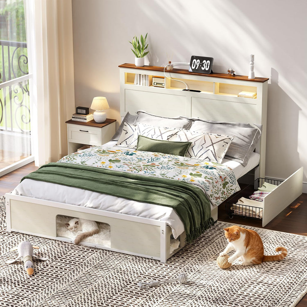 FUNKOCO Wood Queen Bed Frame with Nightstand Set of 2，Farmhouse Bed Frame with Cat & Dog Bed, Storage Headboard and 2 Drawers, LED Lights & Charging Station, Noise Free, No Box Spring Needed