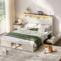 FUNKOCO Wood Queen Bed Frame with Nightstand Set of 2，Farmhouse Bed Frame with Cat & Dog Bed, Storage Headboard and 2 Drawers, LED Lights & Charging Station, Noise Free, No Box Spring Needed