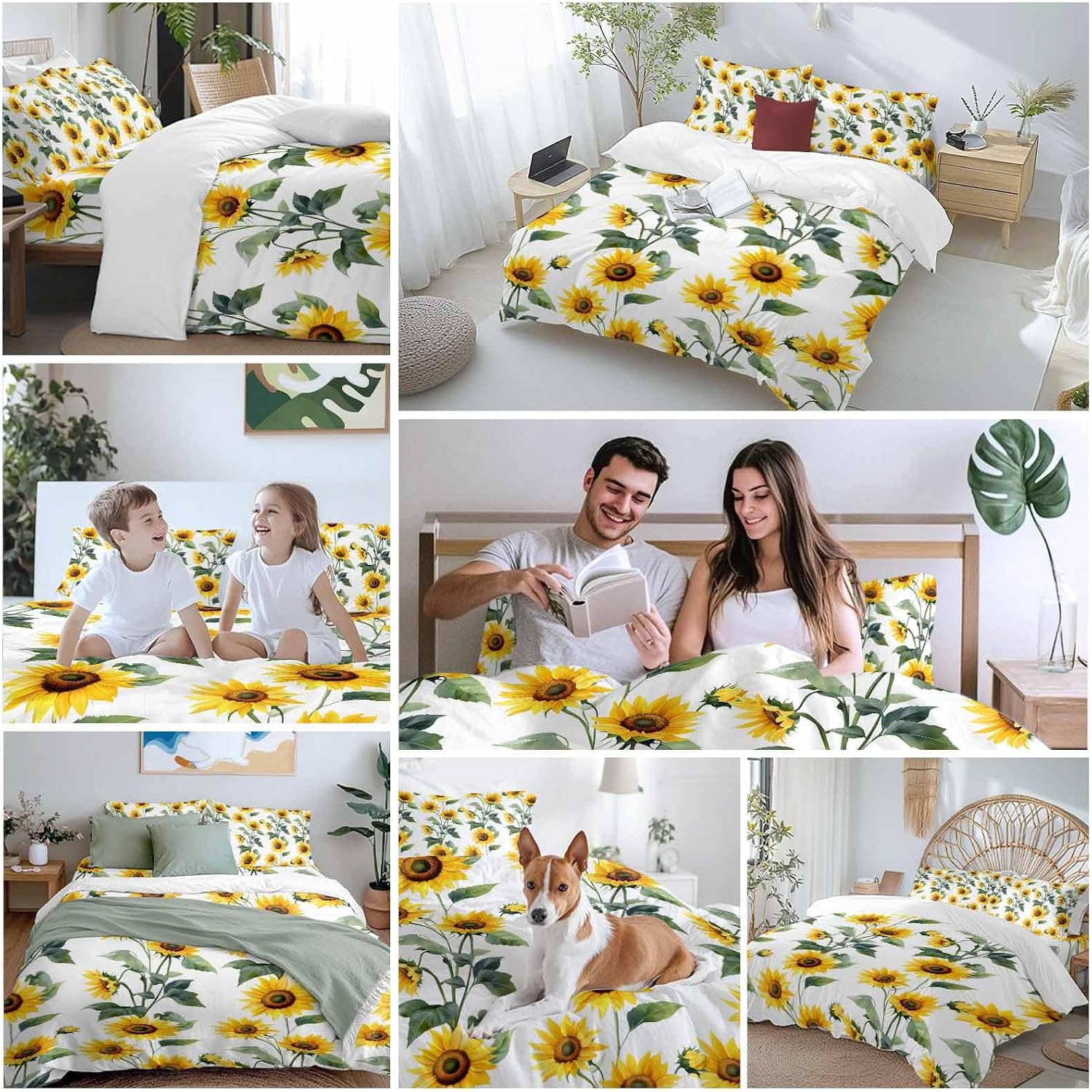 Prime Leader Summer Sunflowers Duvet Cover Set Queen Size 4 Pieces Watercolor Floral White Bedding Set with Zipper Closure, 1 Comforter Cover 92x106 Inches 1 Flat Sheet & 2 Pillow Cases