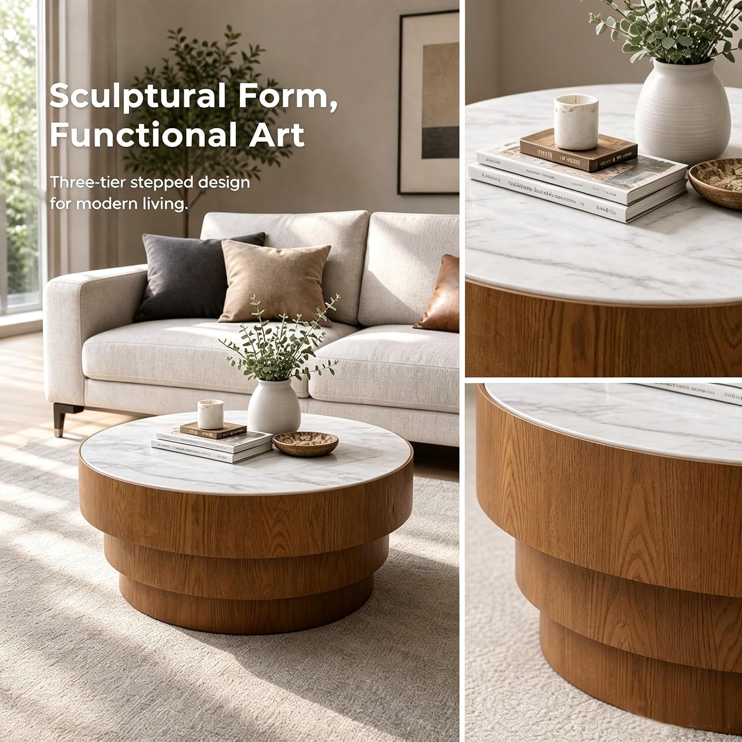 31.5' White Round Coffee Table, Round Coffee Table with Sintered Stone Tabletop and MDF with Wood Veneer Tiered Base, Modern Low Profile Circle Cocktail Tea Table for Living Room