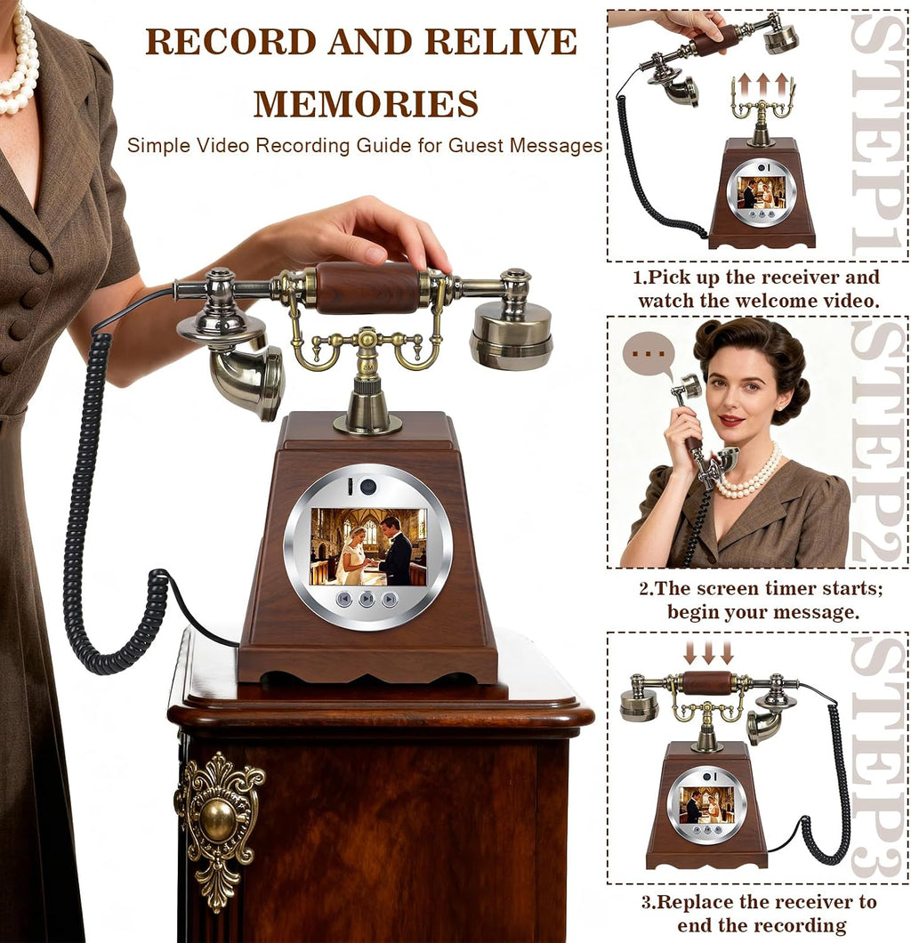 Video Audio Guest Book Wedding Phone, 3.5' 1080P Video Guestbook Phone for Wedding, Bridal Shower, Birthday Party, Baby Shower, Anniversary Engagement (Wood-Toned Brown)