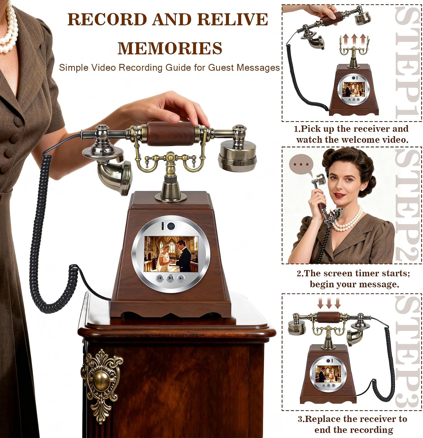 Video Audio Guest Book Wedding Phone, 3.5' 1080P Video Guestbook Phone for Wedding, Bridal Shower, Birthday Party, Baby Shower, Anniversary Engagement (Wood-Toned Brown)