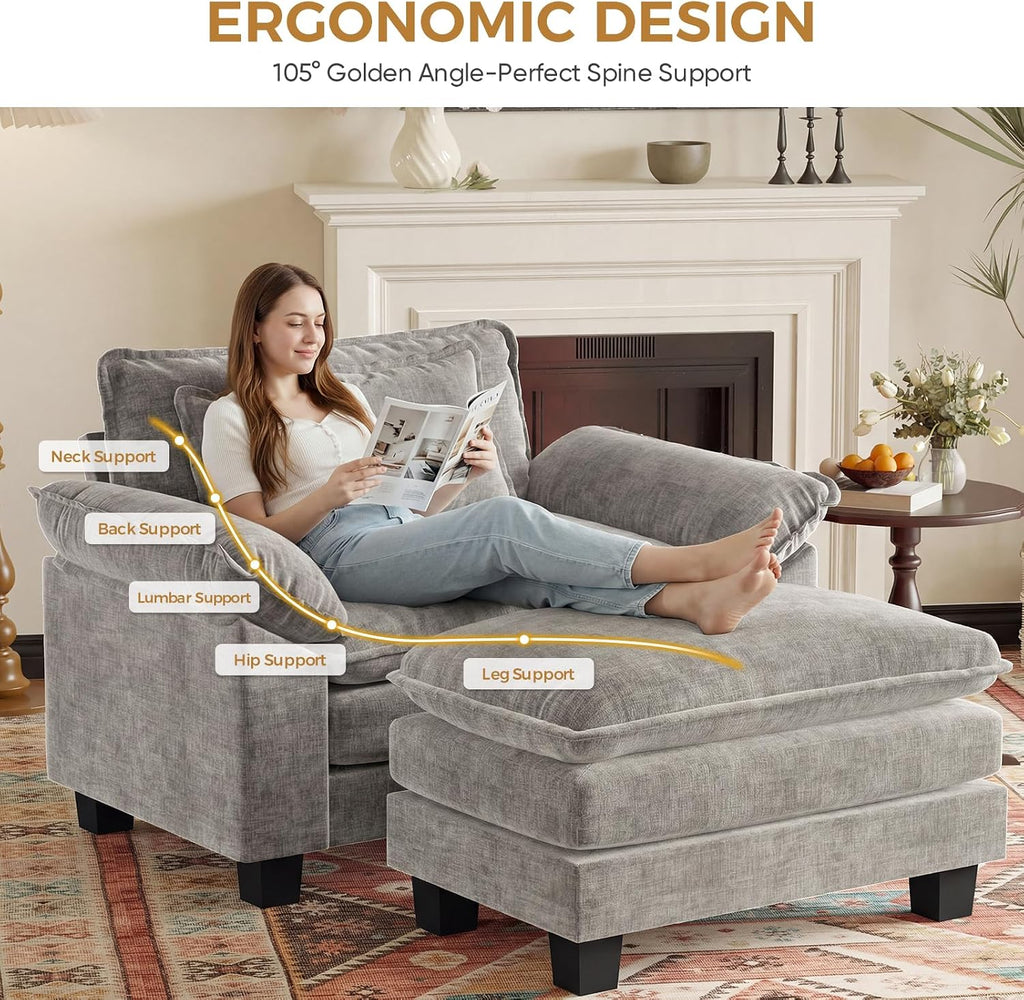 HUSFU 49.5'' Oversized Accent Chair with Ottoman, Chenille Cloud Couch Chair with Deep Seat and Extra Wide Armrests, Comfy Reading Armchair for Bedroom, Living Room, Set of 2, Gray