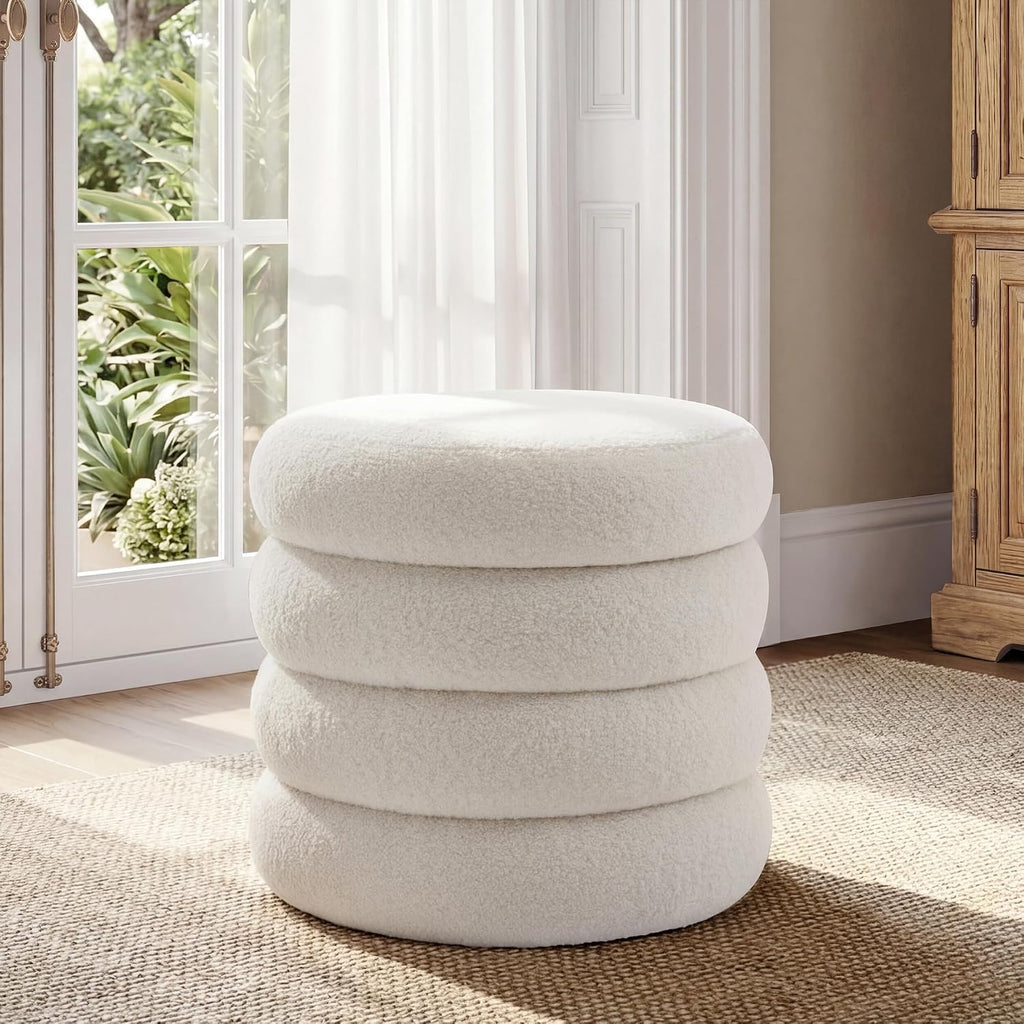 19.5 Inch Round Storage Ottoman, Modern Sherpa Ottoman Coffee Table with Removable Top, White Vanity Stool with Storage for Bedroom, Living Room, Dorm, Set of 1
