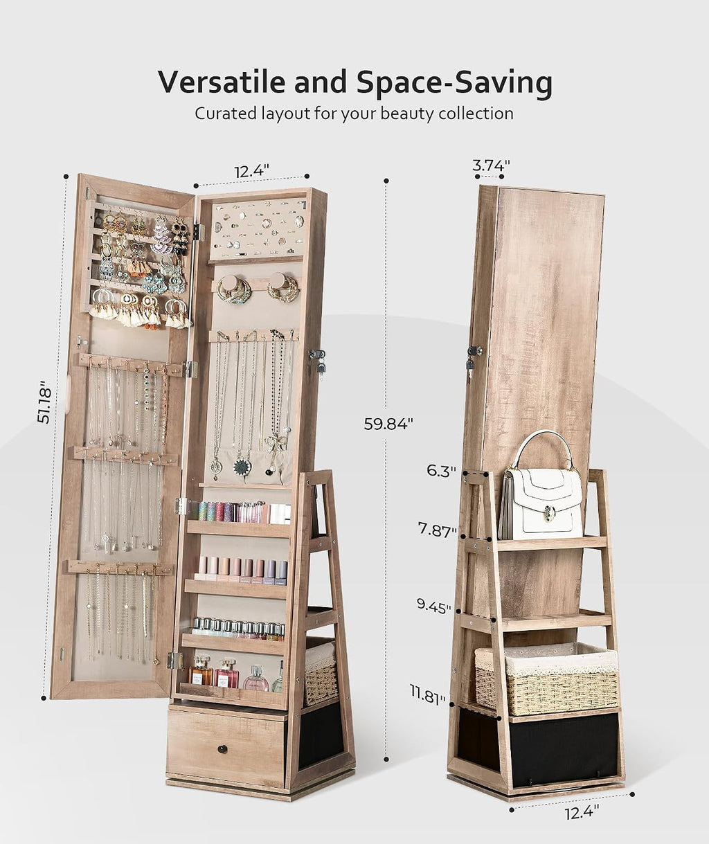 Nicetree 360°Swivel Jewelry Cabinet, Rotatable Full Length Mirror with Jewelry Storage, Standing Jewelry Armoire Organizer, Lockable Jewelry Organizer with 3 Rear Shelves, Bottom Drawer, Toasted Oak
