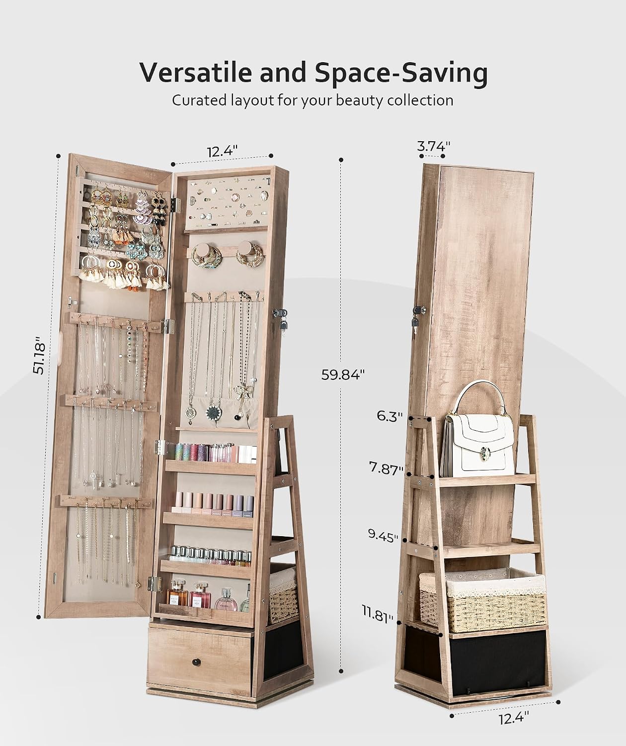Nicetree 360°Swivel Jewelry Cabinet, Rotatable Full Length Mirror with Jewelry Storage, Standing Jewelry Armoire Organizer, Lockable Jewelry Organizer with 3 Rear Shelves, Bottom Drawer, Toasted Oak