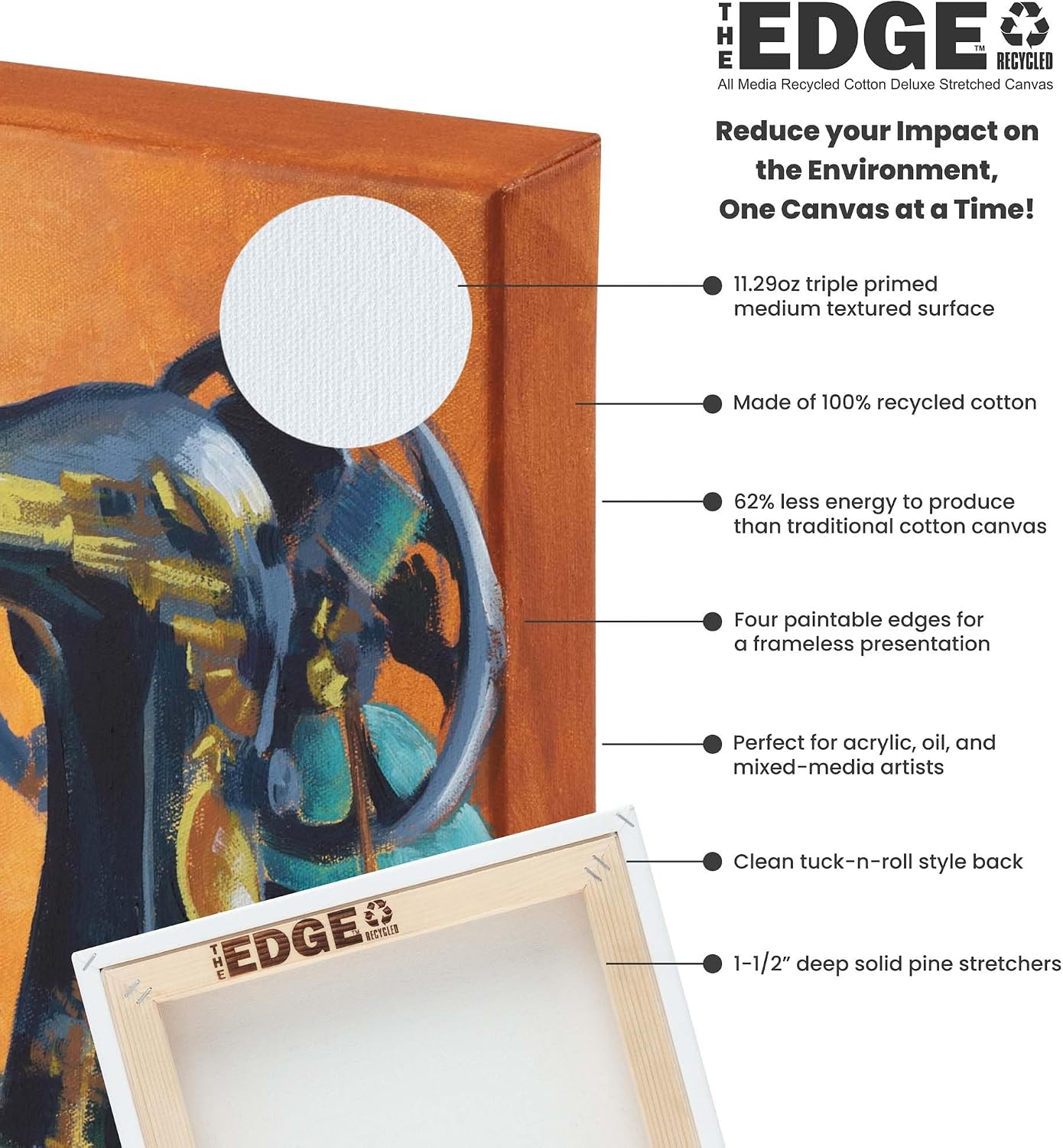 The Edge Eco-Friendly Recycled Cotton Stretched Canvas for Painting - 30x40 Box of 3 - Medium-Textured, Triple Acrylic Primed All Media Painting Canvas, 320gsm, 1-1/2 in. Deep Pine Stretchers