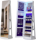 HNEBC LED Light Jewelry Organizer Mirror 360° Rotating, Jewelry Armoire with Door Mirror, Full Length Mirror Jewelry Cabinet, Mirror with Jewelry Storage, Large Jewelry Boxes & Organizers（B_White）