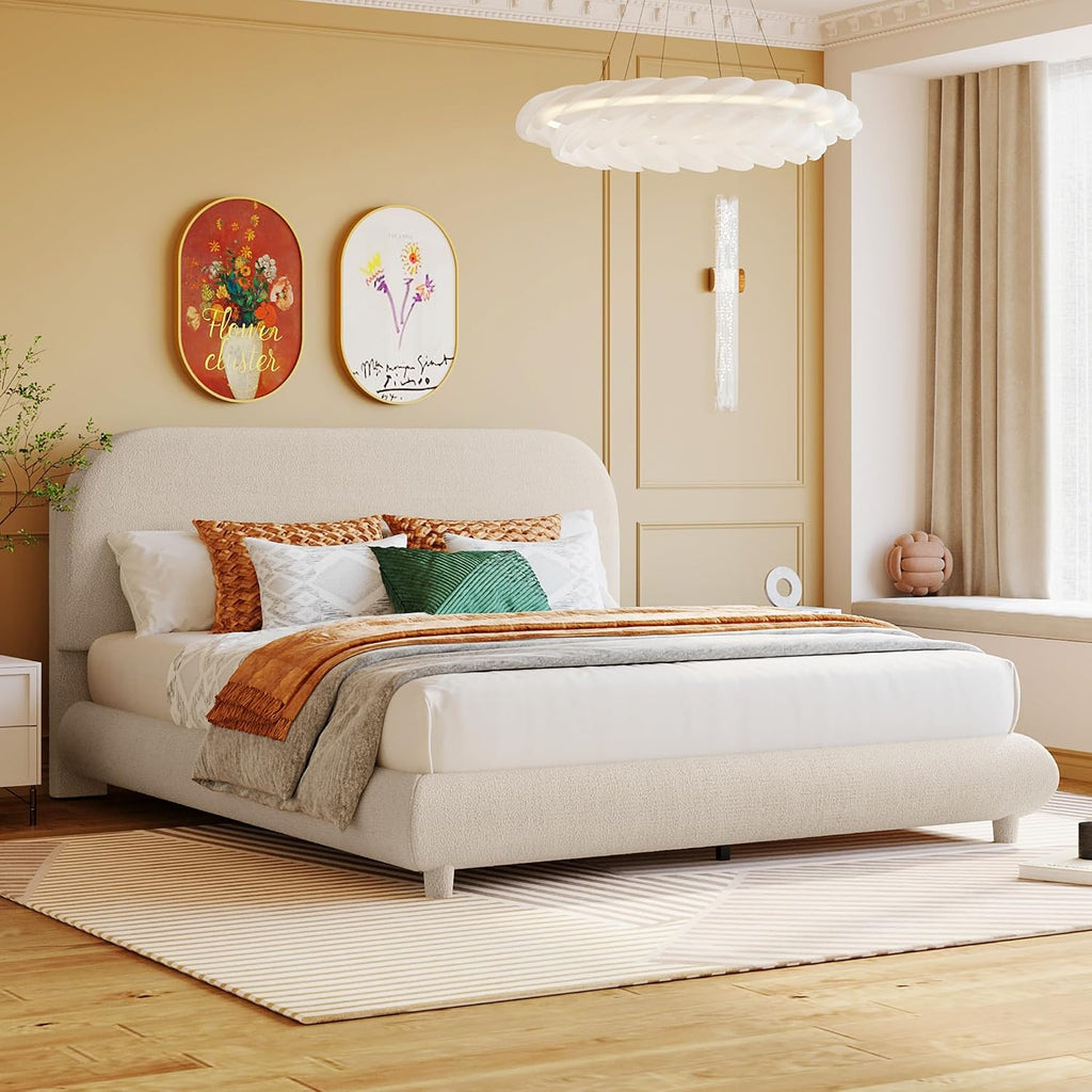 Curve-Shaped Upholstered Platform Bed With Curved Headboard, Queen Size Wood Frame for Kids Adults Bedroom Furniture, Teddy Fleece Thick Fabric Grounded (Beige)