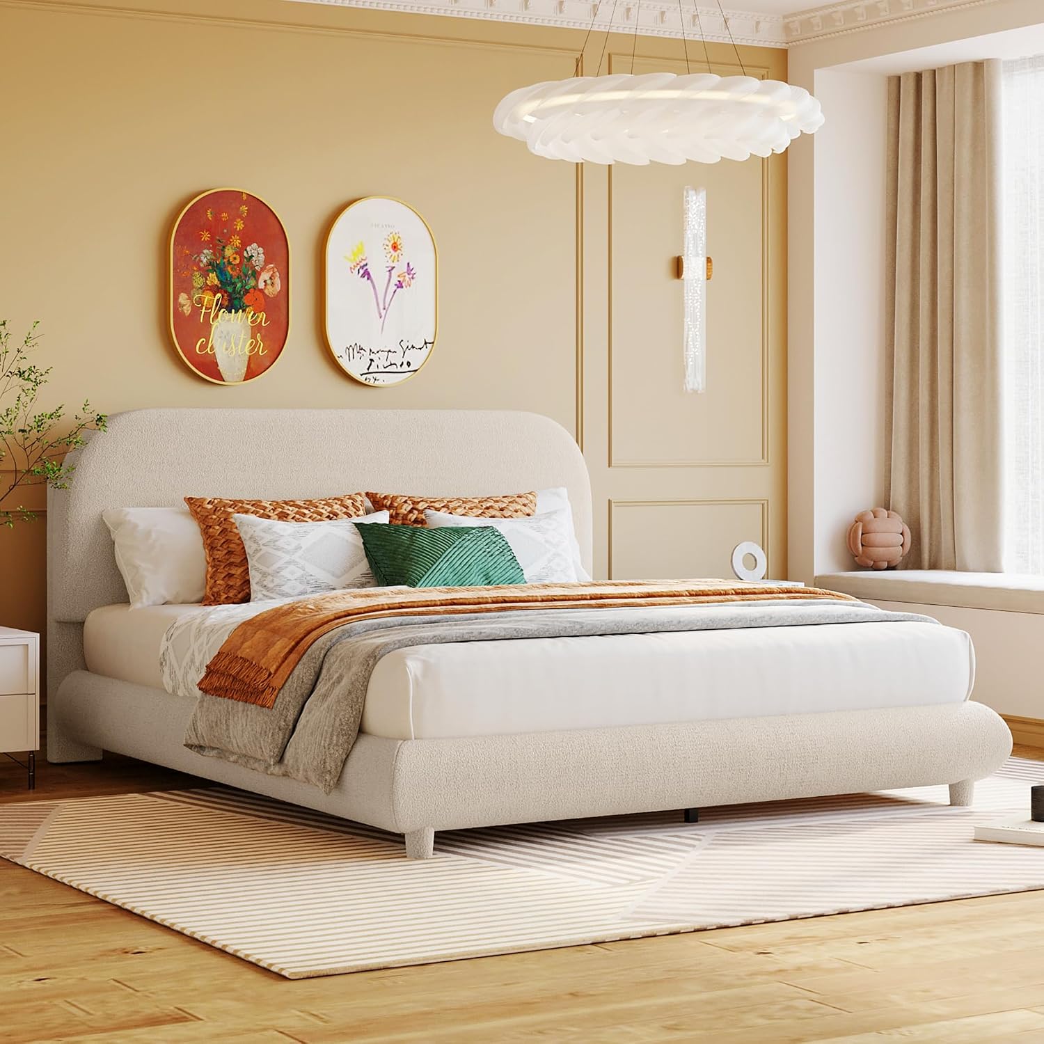 Curve-Shaped Upholstered Platform Bed With Curved Headboard, Queen Size Wood Frame for Kids Adults Bedroom Furniture, Teddy Fleece Thick Fabric Grounded (Beige)