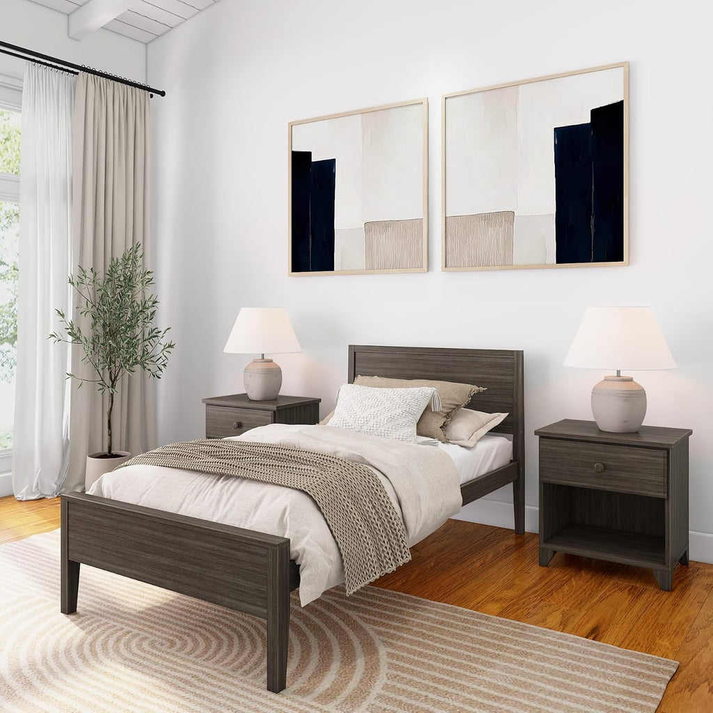 Plank+Beam Solid Wood Twin Bed Frame with Panel Headboard, Modern Twin Platform Bed with Wood Slat Support, No Box Spring Needed, Clay