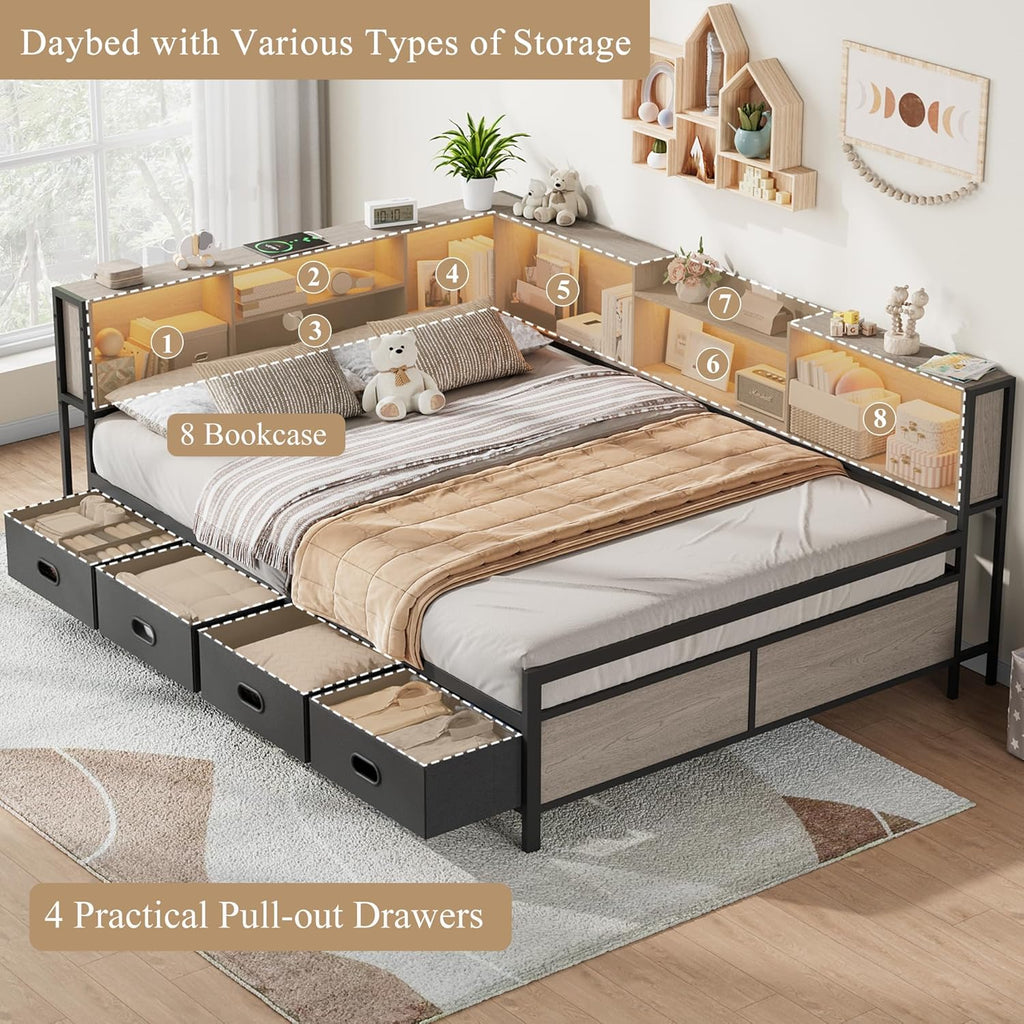 Full Size Corner Bed Frame with LED Lights, Charging Station & 8-Bookcase Headboard, Metal Platform Corner Bed with 4 Storage Drawers, Full Daybed for Kids Teens Guests, Gray