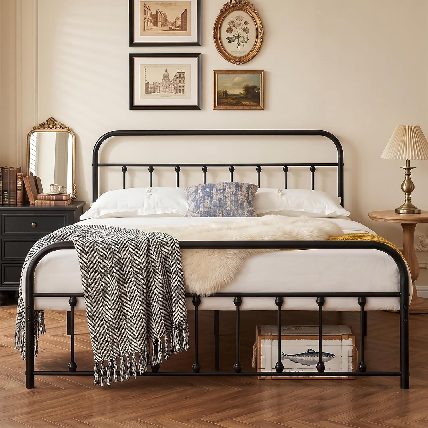 VECELO Queen Size Victorian Style Metal Bed Frame with Headboard Classic Metal Platform Bed Frame Mattress Foundation with Footboard/Under Bed Storage/No Box Spring Black
