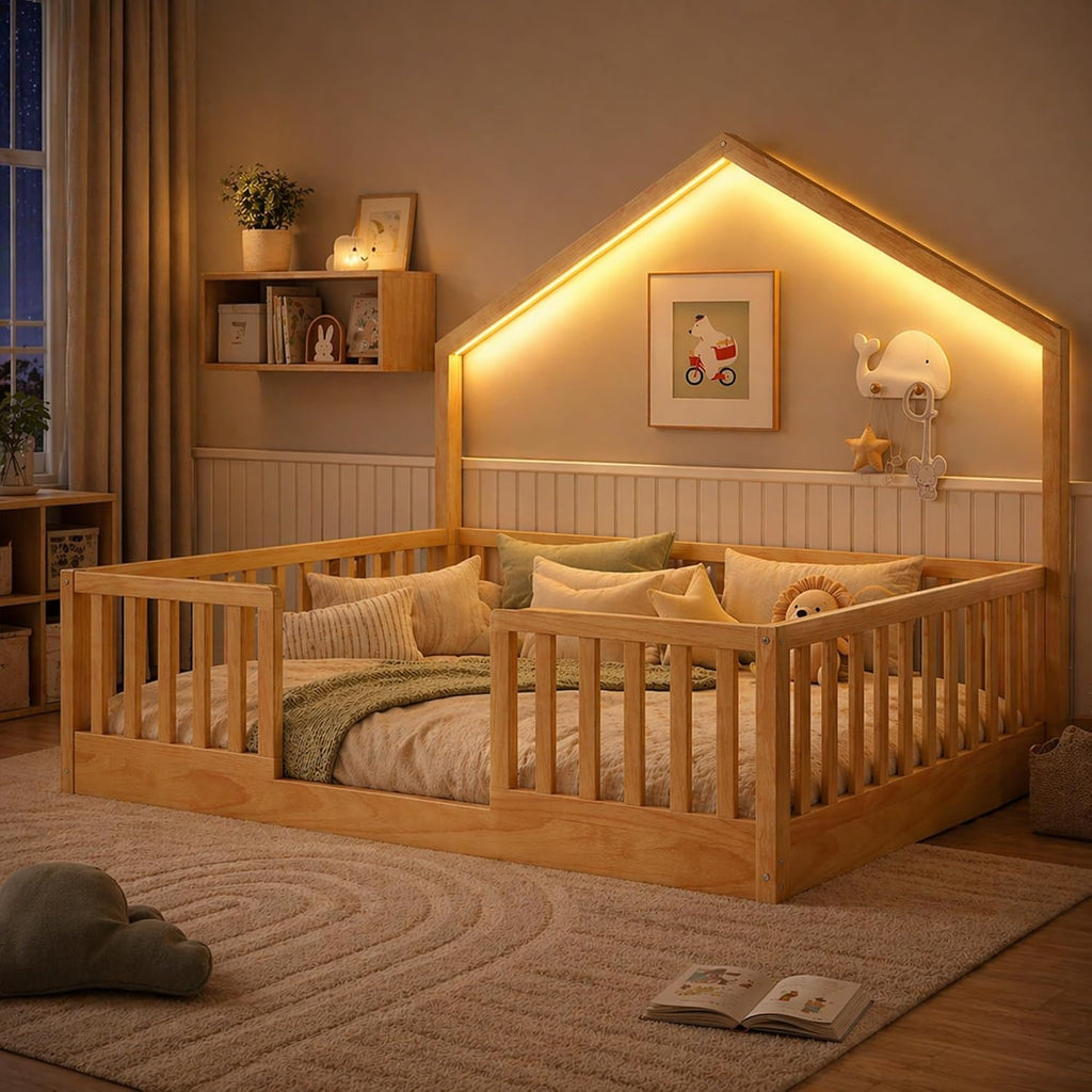 Full Size Floor Bed with High Rails, Wooden Montessori Bed Full with Light & Wood Slats, Low Profile Montessori Floor Beds for Kids, Boys & Girls, Natural